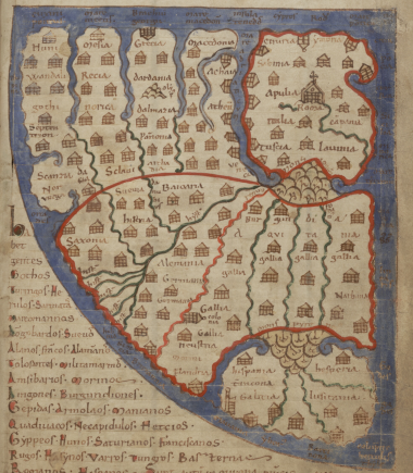 Kaart van Europa in Liber Floridus, Lamber van St.Omer.  Ghent, Universiteitsbibliotheek, Ms. 92, fol. 241r (Publiek domein)