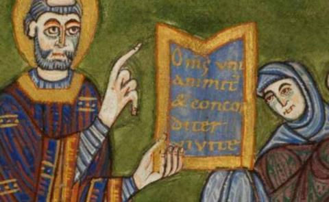 Miniature St. Benedict presents his Rule: Bamberg SB MS Lit.142, fol. 65r